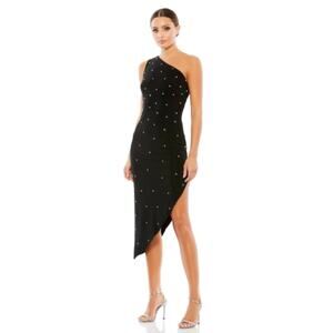 NWT Ieena Black Rhinestone One Shoulder Asymmetrical Midi Cocktail Dress Sz 12